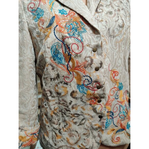 Coldwater Creek 10 Womens Linen Blend Embroidered Boho Chic Artsy Jacket Beige - Picture 12 of 14